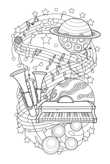 A coloring page of JJ’s cosmic music adventure