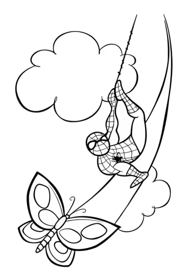 A coloring page of Spider-Man rescuing a butterfly