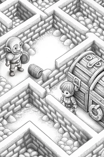 A coloring page of Minion treasure hunt in a maze