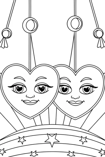 A coloring page of Hearts dancing in space