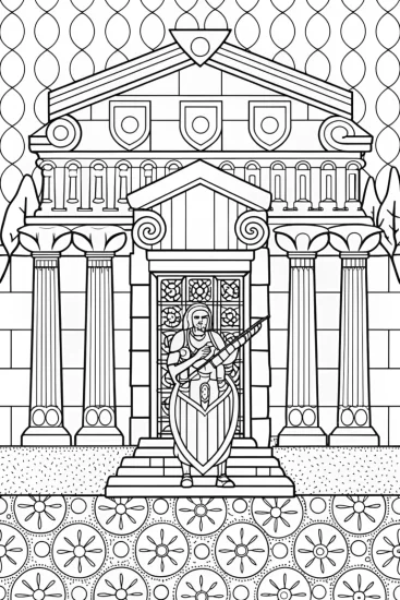 A coloring page of Lyra guarding the ancient temple