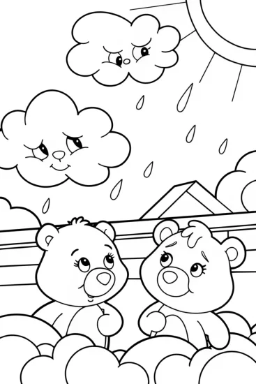 A coloring page of Care Bears weather workshop