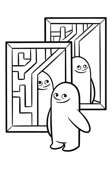 A coloring page of Rainbow Friends explore a mirror maze