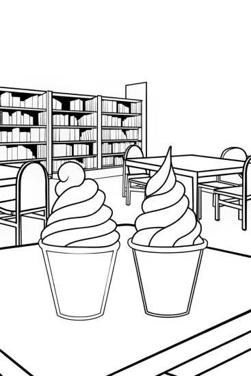 A coloring page of Ice cream cones in the library