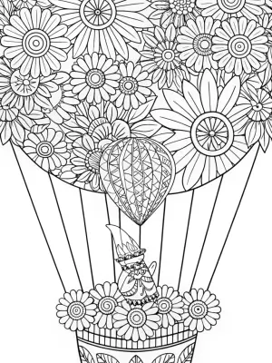 Gnome flying in a flower balloon coloring pages