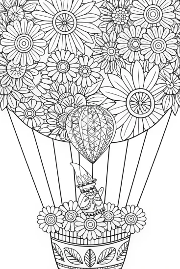 A coloring page of Gnome flying in a flower balloon