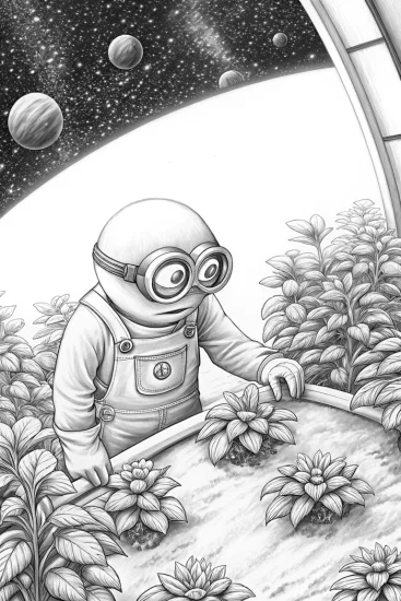 A coloring page of Minion gardening in space
