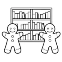 Gingerbread characters in a library