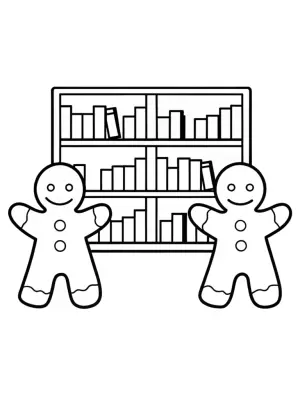 Gingerbread characters in a library coloring pages