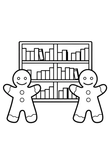 A coloring page of Gingerbread characters in a library