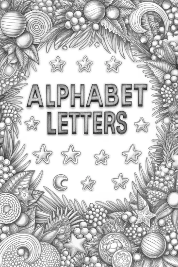 A coloring page of Alphabet letters in a celestial celebration