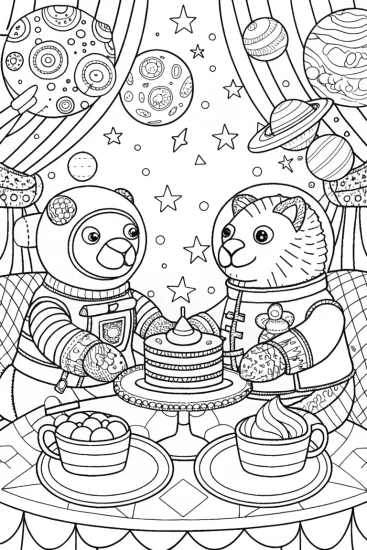 A coloring page of Animals having a galactic tea party