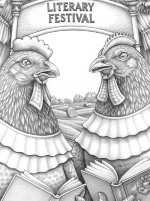 Chickens hosting a literary festival coloring pages