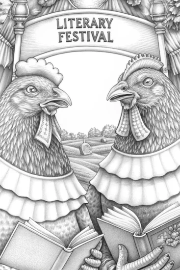 A coloring page of Chickens hosting a literary festival