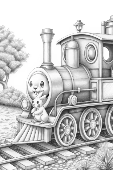A coloring page of Pikachu on a vintage steam train