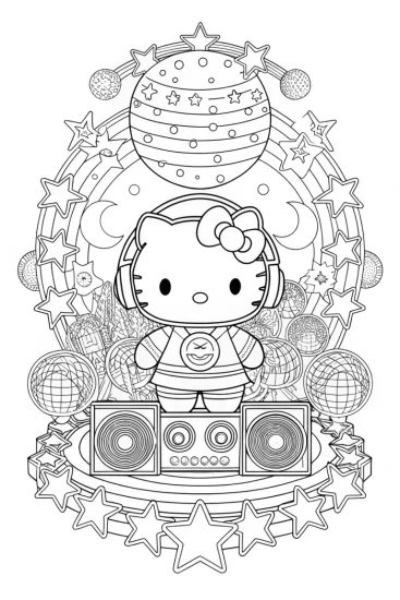 A coloring page of Hello Kitty cosmic music festival
