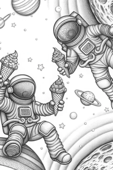A coloring page of Ice cream cones taste testing in space
