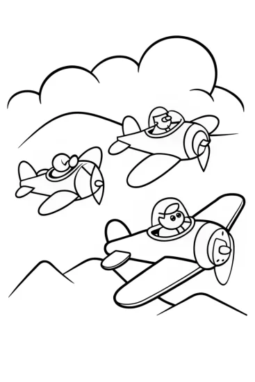 A coloring page of Animal pilots in a sky race
