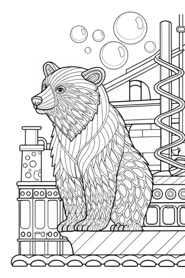 A coloring page of Rainbow bear at the bubblegum factory