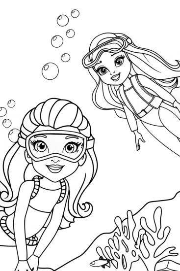 A coloring page of Rainbow High students underwater adventure