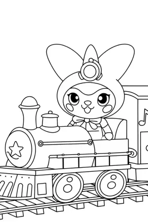 Kuromi riding a musical train coloring pages