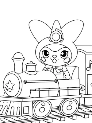 Kuromi riding a musical train coloring pages