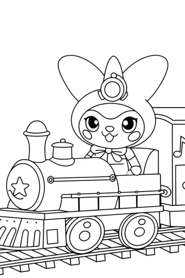 A coloring page of Kuromi riding a musical train