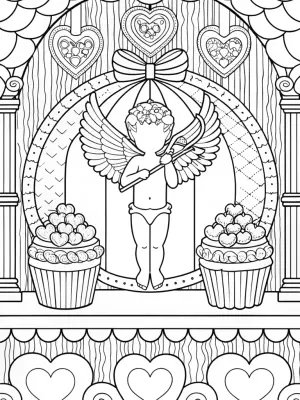 Cupid in a heart-shaped bakery coloring pages