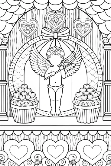 A coloring page of Cupid in a heart-shaped bakery