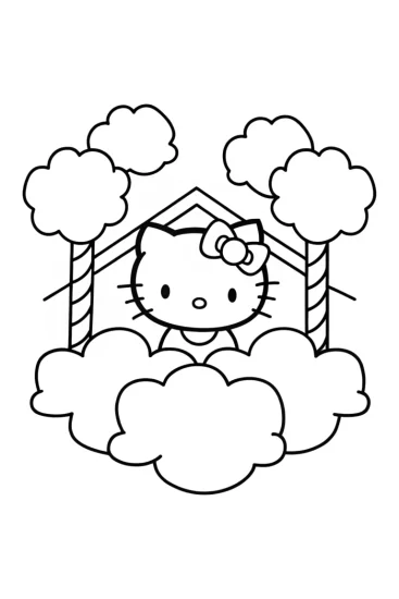 A coloring page of Hello Kitty cloud factory fun