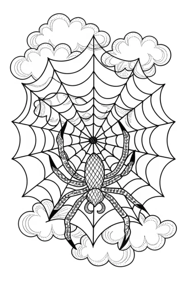 A coloring page of Spider weaving art in the sky