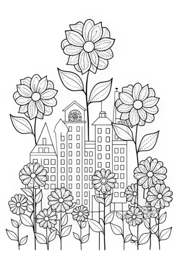 A coloring page of Flower architects in a blooming cityscape