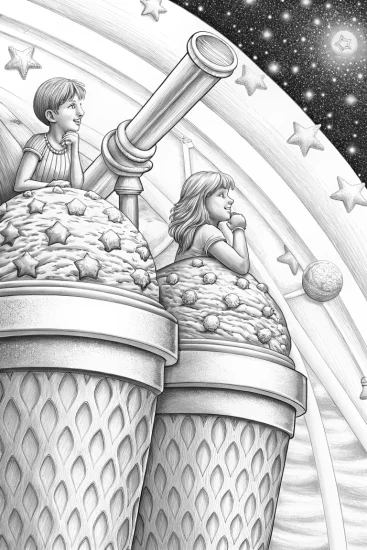 A coloring page of Ice cream astronomers in the night sky