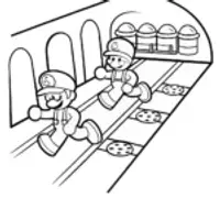 Mario and Luigi racing in a toy factory
