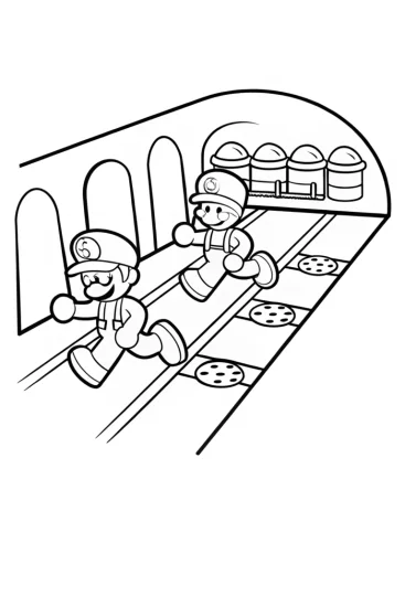 A coloring page of Mario and Luigi racing in a toy factory