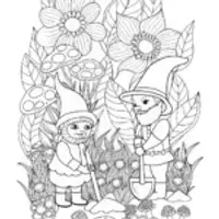 Gnomes gardening in a whimsical garden