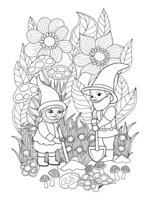 Gnomes gardening in a whimsical garden coloring pages