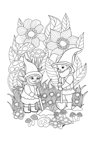 A coloring page of Gnomes gardening in a whimsical garden