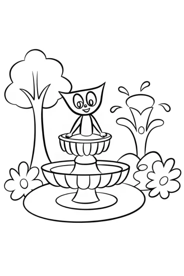 A coloring page of Huggy Wuggy at the magical fountain