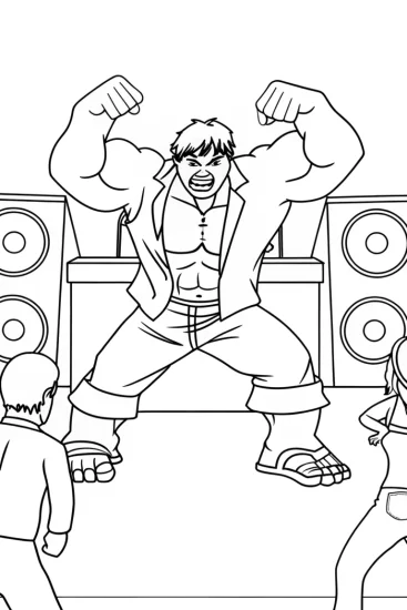 A coloring page of Hulk hosting a dance-off