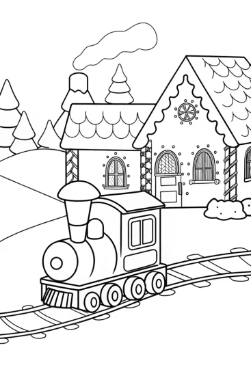 A coloring page of Gingerbread house train adventure