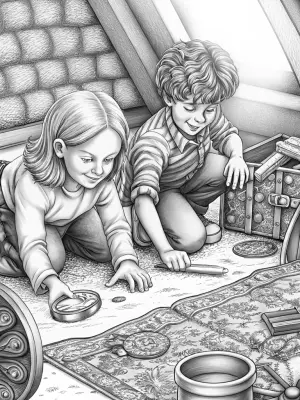 Children uncovering a time capsule coloring pages