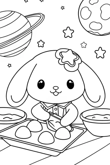 A coloring page of Cinnamoroll baking in space