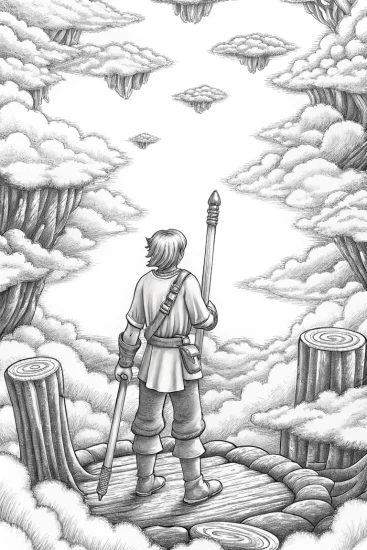 A coloring page of Turkey adventurer on a sky island