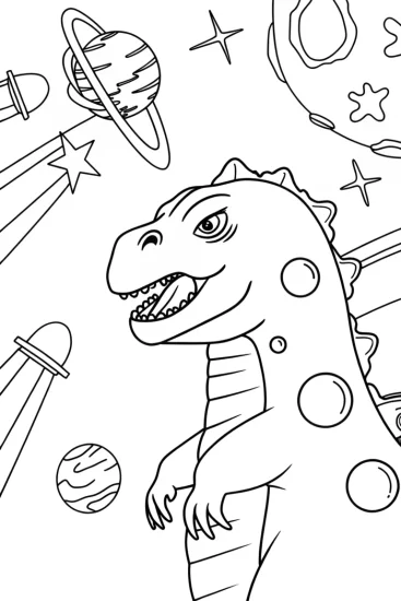 A coloring page of Godzilla in space adventure