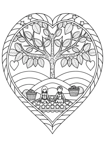 A coloring page of Heart-shaped planet picnic