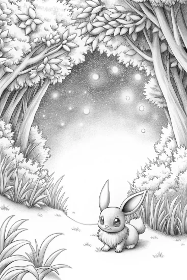 A coloring page of Eevee stargazing night