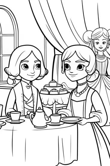 A coloring page of Gabby’s time-traveling tea party