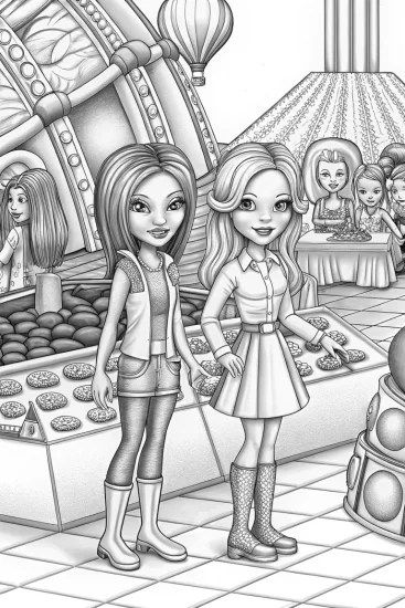 A coloring page of Bratz dolls at a science fair