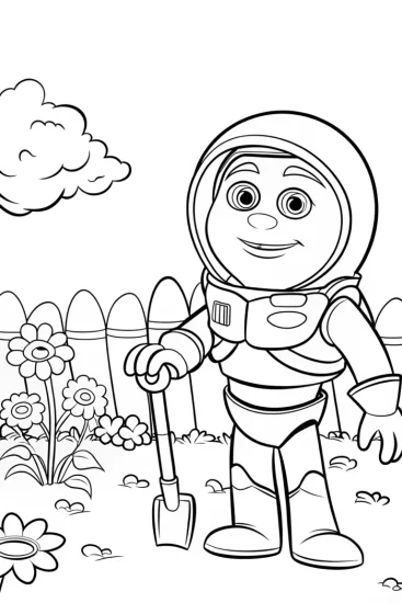 A coloring page of Buzz Lightyear’s gardening adventure